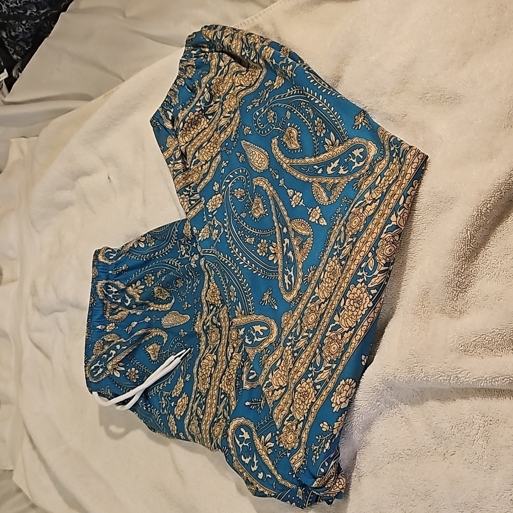 Gianxizh Boho paisley pants/joggers Elastic Waist Drawstring Boho Green & Tan XL